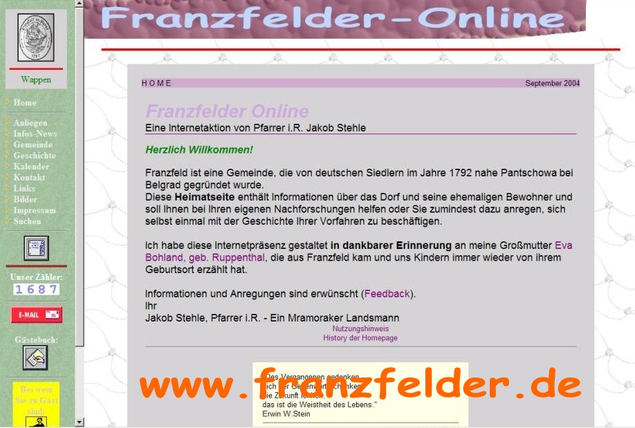 Aufruf der Franzfelder Homepage von Pfarrer Stehle
