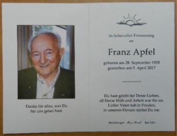 Trauerkarte Franz Apfel