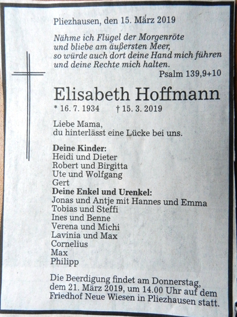 Traueranzeige Elisabeth Hoffmann